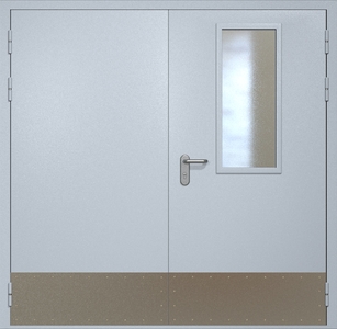 Двупольная противопожарная дверь eis60 RAL 7035 с узким стеклопакетом (отбойник)