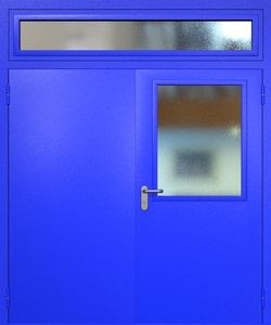 Двупольная техническая дверь RAL 5002 с широким стеклопакетом (остекленная фрамуга)