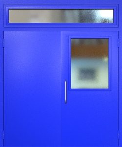 Двупольная техническая дверь RAL 5002 с широким стеклопакетом (ручка-скоба, остекленная фрамуга)