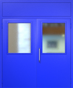 Двупольная техническая дверь RAL 5002 с широкими стеклопакетами (ручка-скоба, фрамуга)