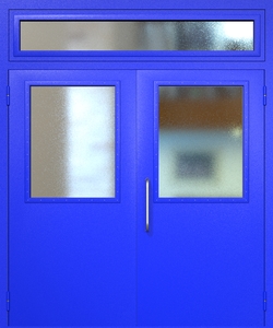 Двупольная техническая дверь RAL 5002 с широкими стеклопакетами (ручка-скоба, остекленная фрамуга) Двупольная техническая дверь RAL 5002 с широкими стеклопакетами (ручка-скоба, остекленная фрамуга)