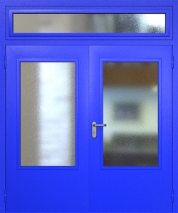 Двупольная техническая дверь RAL 5002 с удлиненными широкими стеклопакетами (остекленная фрамуга) Двупольная техническая дверь RAL 5002 с удлиненными широкими стеклопакетами (остекленная фрамуга)