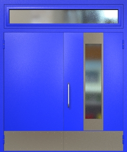 Двупольная техническая дверь RAL 5002 с удлиненным узким стеклопакетом (ручка-скоба, остекленная фрамуга, отбойник) Двупольная техническая дверь RAL 5002 с удлиненным узким стеклопакетом (ручка-скоба, остекленная фрамуга, отбойник)