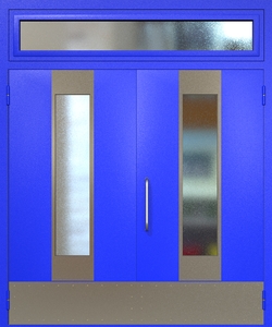 Двупольная техническая дверь RAL 5002 с удлиненными узкими стеклопакетами (ручка-скоба, остекленная фрамуга, отбойник) Двупольная техническая дверь RAL 5002 с удлиненными узкими стеклопакетами (ручка-скоба, остекленная фрамуга, отбойник)