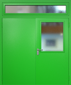 Двупольная техническая дверь RAL 6038 с широким стеклопакетом (остекленная фрамуга)