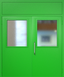 Двупольная техническая дверь RAL 6038 с широкими стеклопакетами (ручка-скоба, фрамуга)