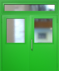 Двупольная техническая дверь RAL 6038 с широкими стеклопакетами (ручка-скоба, остекленная фрамуга) Двупольная техническая дверь RAL 6038 с широкими стеклопакетами (ручка-скоба, остекленная фрамуга)