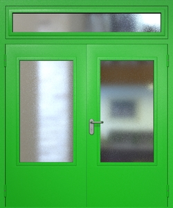 Двупольная техническая дверь RAL 6038 с удлиненными широкими стеклопакетами (остекленная фрамуга)