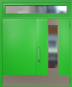 Двупольная техническая дверь RAL 6038 с удлиненным узким стеклопакетом (ручка-скоба, остекленная фрамуга, отбойник)