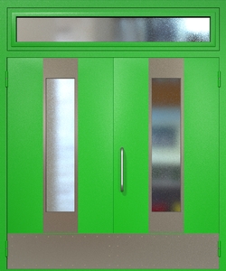 Двупольная техническая дверь RAL 6038 с удлиненными узкими стеклопакетами (ручка-скоба, остекленная фрамуга, отбойник)