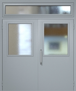 Двупольная техническая дверь RAL 7040 с широкими стеклопакетами (ручка-скоба, остекленная фрамуга) Двупольная техническая дверь RAL 7040 с широкими стеклопакетами (ручка-скоба, остекленная фрамуга)