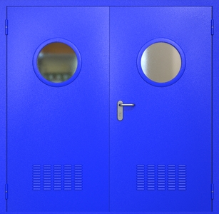 Двупольная техническая стальная дверь RAL 5002 с круглыми стеклопакетами (вентиляция) Двупольная техническая стальная дверь RAL 5002 с круглыми стеклопакетами (вентиляция)
