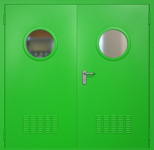 Двупольная техническая стальная дверь RAL 6038 с круглыми стеклопакетами (вентиляция)