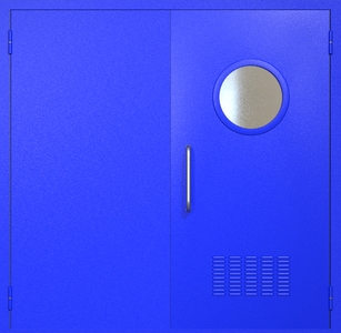 Двупольная техническая дверь RAL 5002 с круглым стеклопакетом (ручка-скоба, вентиляция)