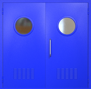 Двупольная техническая дверь RAL 5002 с круглыми стеклопакетами (ручка-скоба, вентиляция 2 шт) Двупольная техническая дверь RAL 5002 с круглыми стеклопакетами (ручка-скоба, вентиляция 2 шт)