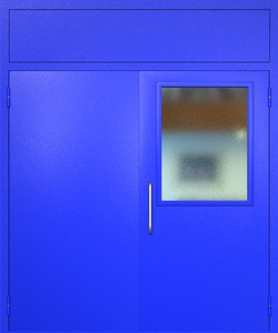 Двупольная техническая дверь RAL 5002 с широким стеклопакетом (ручка-скоба, фрамуга)