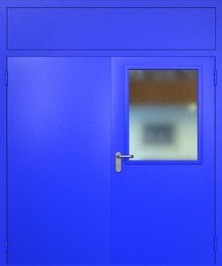 Двупольная техническая дверь RAL 5002 с широким стеклопакетом (фрамуга)