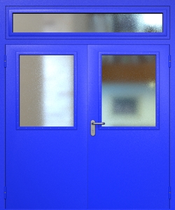 Двупольная техническая дверь RAL 5002 с широкими стеклопакетами (остекленная фрамуга)