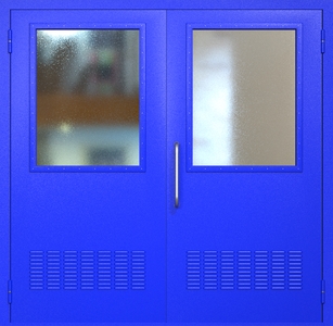 Двупольная техническая дверь RAL 5002 с широкими стеклопакетами (ручка-скоба, вентиляция 2 шт)