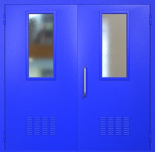 Двупольная техническая дверь RAL 5002 с узкими стеклопакетами (ручка-скоба, вентиляция 2 шт) Двупольная техническая дверь RAL 5002 с узкими стеклопакетами (ручка-скоба, вентиляция 2 шт)