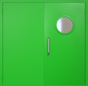 Двупольная техническая дверь RAL 6038 с круглым стеклопакетом (ручка-скоба)