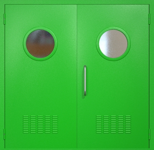 Двупольная техническая дверь RAL 6038 с круглыми стеклопакетами (ручка-скоба, вентиляция 2 шт)