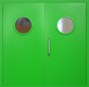 Двупольная техническая дверь RAL 6038 с круглыми стеклопакетами (ручка-скоба)