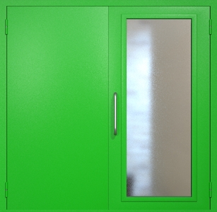 Двупольная техническая дверь RAL 6038 с максимальным остеклением (ручка-скоба) Двупольная техническая дверь RAL 6038 с максимальным остеклением (ручка-скоба)