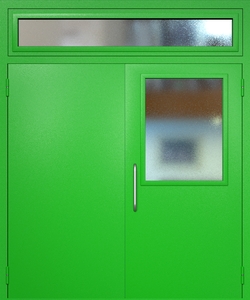 Двупольная техническая дверь RAL 6038 с широким стеклопакетом (ручка-скоба, остекленная фрамуга)