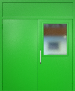 Двупольная техническая дверь RAL 6038 с широким стеклопакетом (ручка-скоба, фрамуга)