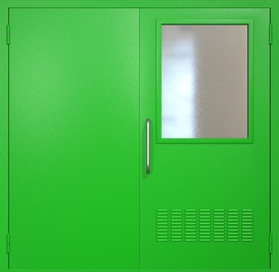 Двупольная техническая дверь RAL 6038 с широким стеклопакетом (ручка-скоба, вентиляция)