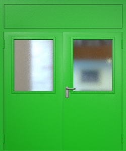 Двупольная техническая дверь RAL 6038 с широкими стеклопакетами (фрамуга)