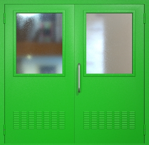 Двупольная техническая дверь RAL 6038 с широкими стеклопакетами (ручка-скоба, вентиляция 2 шт)