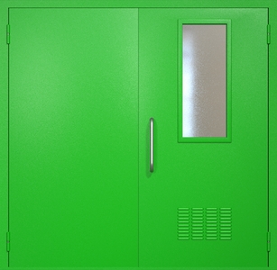 Двупольная техническая дверь RAL 6038 с узким стеклопакетом (ручка-скоба, вентиляция)