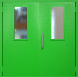 Двупольная техническая дверь RAL 6038 с узкими стеклопакетами (ручка-скоба)