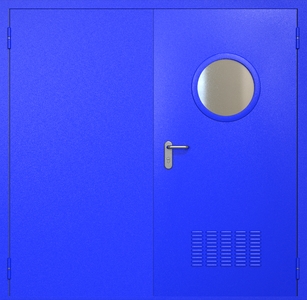 Двупольная техническая стальная дверь RAL 5002 с круглым стеклопакетом (вентиляция) Двупольная техническая стальная дверь RAL 5002 с круглым стеклопакетом (вентиляция)