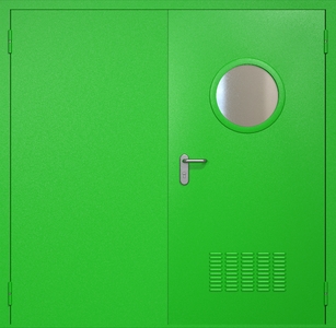 Двупольная техническая стальная дверь RAL 6038 с круглым стеклопакетом (вентиляция) Двупольная техническая стальная дверь RAL 6038 с круглым стеклопакетом (вентиляция)