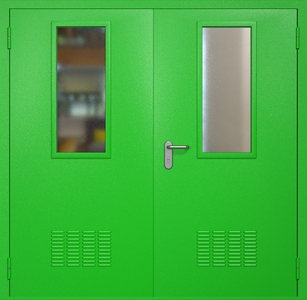 Двупольная техническая стальная дверь RAL 6038 с узкими стеклопакетами (вентиляция) Двупольная техническая стальная дверь RAL 6038 с узкими стеклопакетами (вентиляция)
