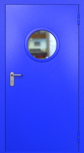 Однопольная противопожарная дверь ei60 RAL 5002 с круглым стеклопакетом Однопольная противопожарная дверь ei60 RAL 5002 с круглым стеклопакетом