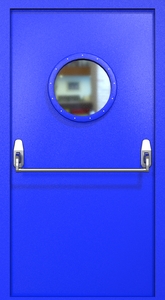 Однопольная противопожарная дверь RAL 5002 ei60 Антипаника с круглым стеклопакетом