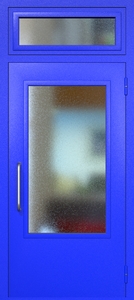 Однопольная техническая дверь RAL 5002 с удлиненным широким стеклопакетом (ручка-скоба, остекленная фрамуга) Однопольная техническая дверь RAL 5002 с удлиненным широким стеклопакетом (ручка-скоба, остекленная фрамуга)