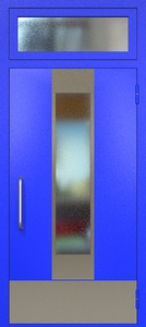 Однопольная техническая дверь RAL 5002 с удлиненным узким стеклопакетом (ручка-скоба, остекленная фрамуга, отбойник) Однопольная техническая дверь RAL 5002 с удлиненным узким стеклопакетом (ручка-скоба, остекленная фрамуга, отбойник)