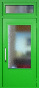 Однопольная техническая дверь RAL 6038 с удлиненным широким стеклопакетом (ручка-скоба, остекленная фрамуга) Однопольная техническая дверь RAL 6038 с удлиненным широким стеклопакетом (ручка-скоба, остекленная фрамуга)