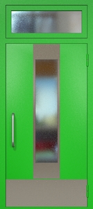 Однопольная техническая дверь RAL 6038 с удлиненным узким стеклопакетом (ручка-скоба, остекленная фрамуга, отбойник) Однопольная техническая дверь RAL 6038 с удлиненным узким стеклопакетом (ручка-скоба, остекленная фрамуга, отбойник)