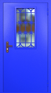 Однопольная техническая дверь RAL 5002 с узким стеклопакетом и решеткой Однопольная техническая дверь RAL 5002 с узким стеклопакетом и решеткой