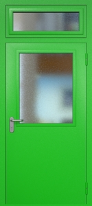 Однопольная техническая дверь RAL 6038 с широким стеклопакетом (остекленная фрамуга) Однопольная техническая дверь RAL 6038 с широким стеклопакетом (остекленная фрамуга)
