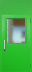 Однопольная техническая дверь RAL 6038 с широким стеклопакетом (ручка-скоба, фрамуга)