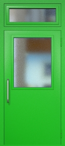 Однопольная техническая дверь RAL 6038 с широким стеклопакетом (ручка-скоба, остекленная фрамуга)