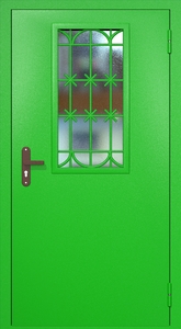 Однопольная техническая дверь RAL 6038 с узким стеклопакетом и решеткой Однопольная техническая дверь RAL 6038 с узким стеклопакетом и решеткой