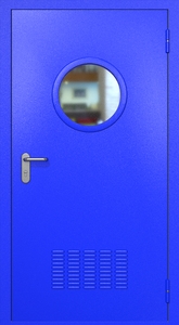 Однопольная техническая стальная дверь RAL 5002 с круглым стеклопакетом (вентиляция) Однопольная техническая стальная дверь RAL 5002 с круглым стеклопакетом (вентиляция)